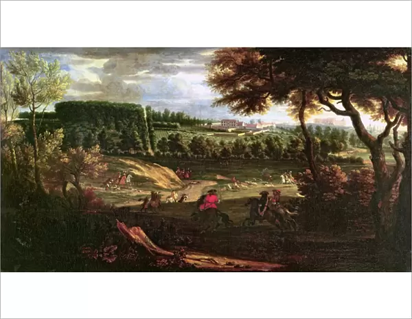 Louis XIV (1638-1715) Hunting at Marly with a a View of Chateau Vieux de Saint Germain