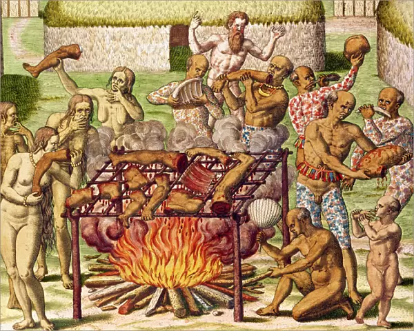 Scene of cannibalism, from Americae Tertia Pars... 1592 (colour engraving)