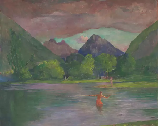 Afterglow, Tautira River, Tahiti, Fisherman Spearing a Fish, c. 1895 (oil on canvas)