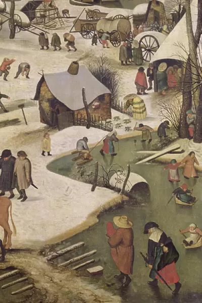The Census at Bethlehem, detail of children playing on the frozen river (oil on canvas)