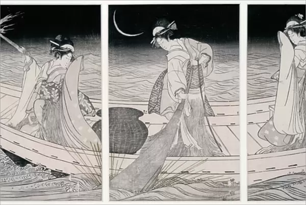 Three women on a boat fishing by lamplight (woodblock print)