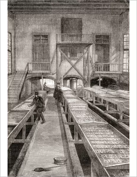 Interior of a 19th century fish farm in Huningue, France, from Les Merveilles de la Science