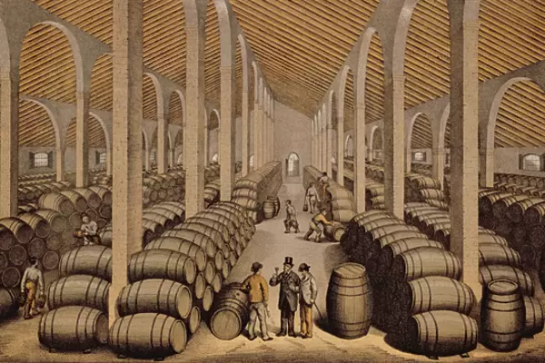 Wine Cellar at Jerez de la Frontera (colour litho)