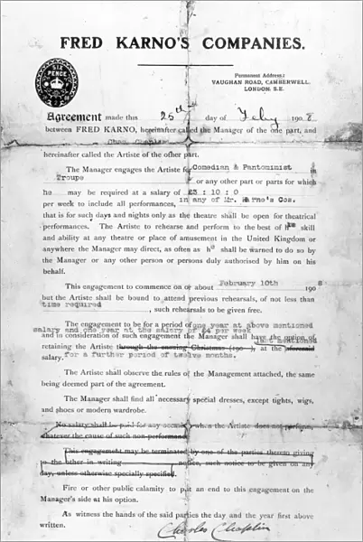 Agreement made between Fred Karnos Companies and Charles Chaplin, 25th July 1908