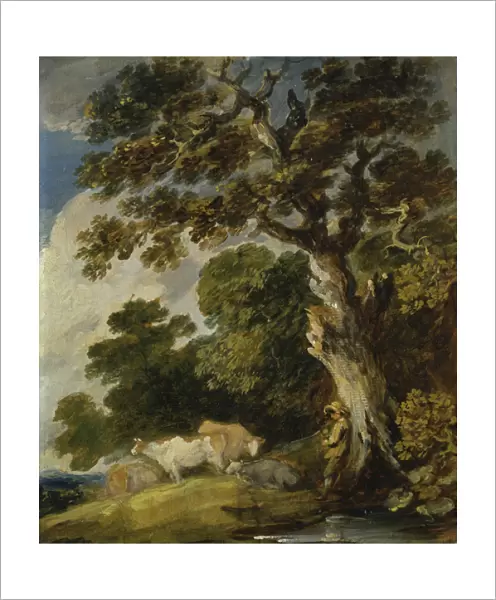 A wooded landscape with cattle and herdsmen (oil on paper on canvas)