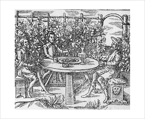 Relaxing in an arbour, 1577 (woodcut)