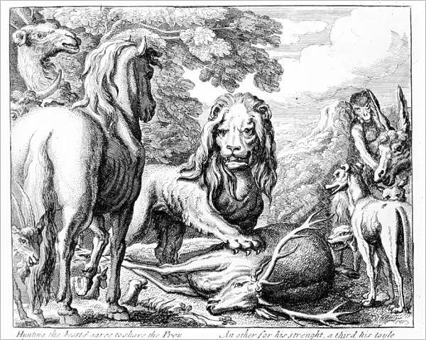 The Lions Share, illustration to Aesops Fables, 1687 (etching)