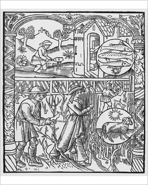 March, fishing and pruning trees, Pisces, illustration from the Almanach des Bergers