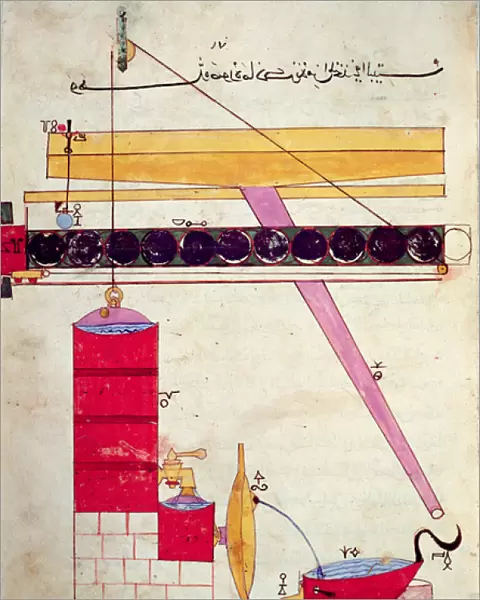 Device for supplying water to a fountain, from Book of Knowledge of Ingenious