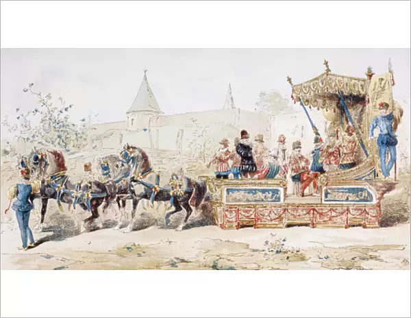 Horse Drawn Decorated Wagon carrying Professional Musicians, 16th Century, 1886