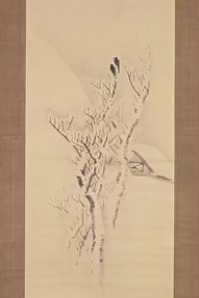 Snowy landscape with crows in tree, c. 1820-50 (ink and colours on paper)