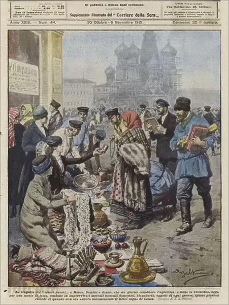 The wealthy are forced to sell their belongings in post-Revolutionary Russia (colour litho)