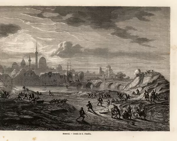 View of Mosul (Iraq), on the banks of the Tiger River, drawing by Eugene Flandin