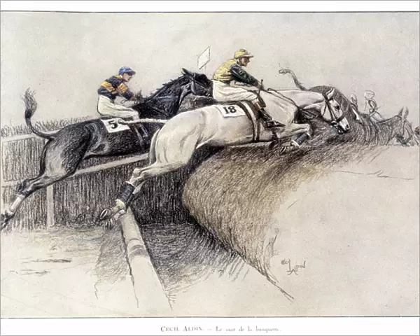 The Grand National Steeple chase in Liverpool: the jump from the bench - drawing by Cecil