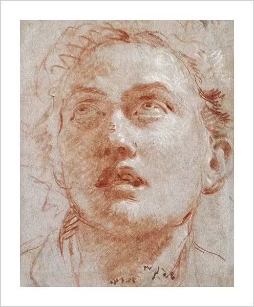 Head of a Man looking up, (red and white chalk on grey-blue paper)