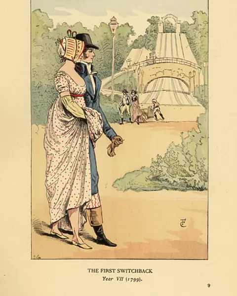 Fashionable couple at the Russian Mountains rollercoaster, Les Montagnes Russes a Belleville, built in 1812. (The first switchback, Year VII, 1799). Handcoloured lithograph by R. V