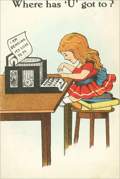Girl typing a message to someone she loves (colour litho)