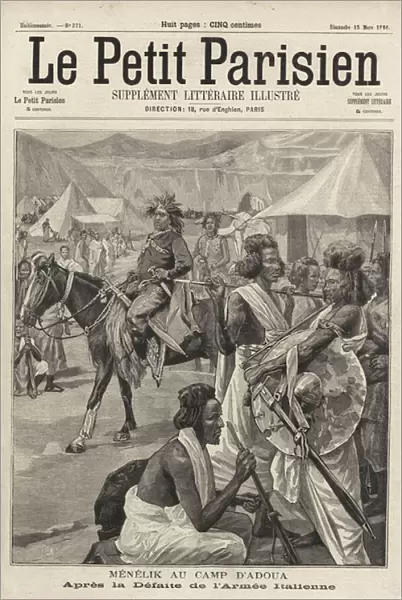 Menelik II, Emperor of Ethiopia, at the camp of Adwa after the defeat of the Italian army, First Italo-Ethiopian War, 1896 (engraving)