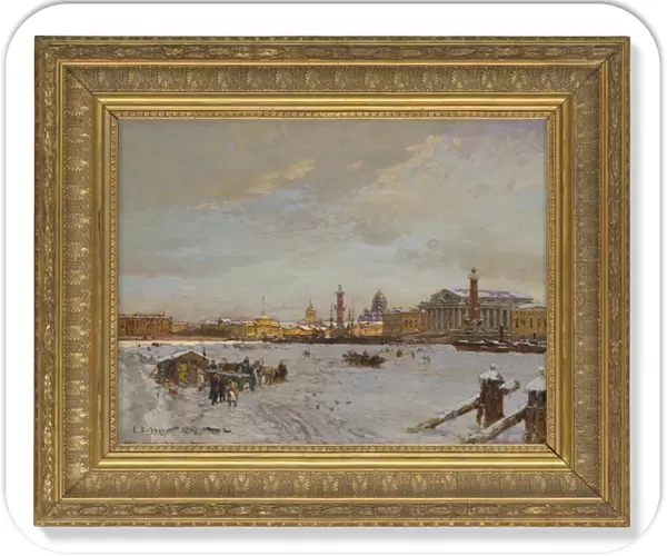 View over the frozen Neva, the Rostral columns, St Isaac
