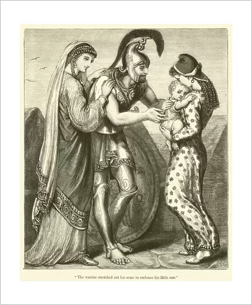 'The warrior stretched out his arms to embrace his little one'(engraving)