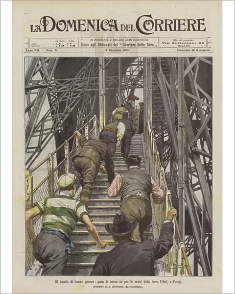 New kind of sports, a race up the stairs of the Eiffel Tower, in Paris (colour litho)