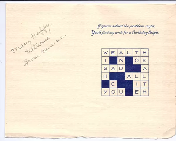 A Victorian birthday puzzle card of a crossword, c. 1880 (colour litho)