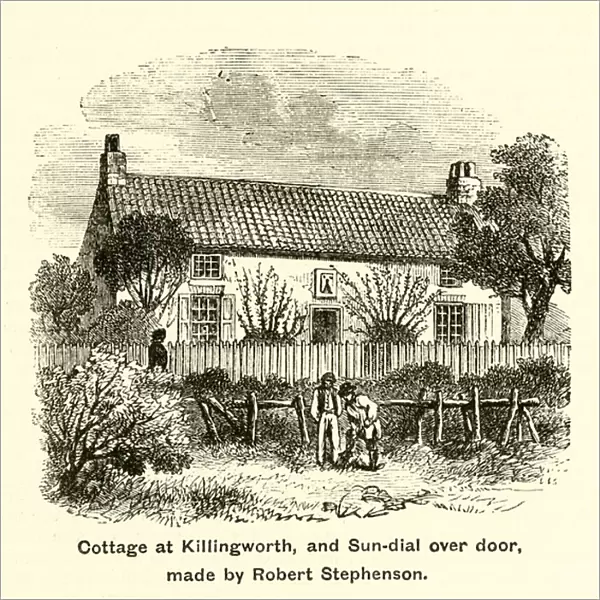 Cottage at Killingworth, and Sun-dial over door, made by Robert Stephenson (engraving)