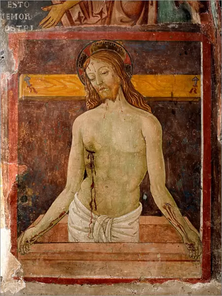 Pieta. The aureole of Jesus Christ is marked with a cross. Detail, 15th century (fresco)