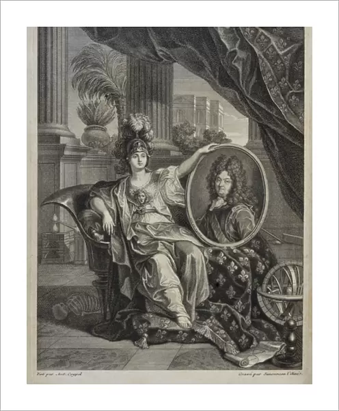 Louis XIV, King of France, Protector of Sciences - engraving by Antoine Coypel History of