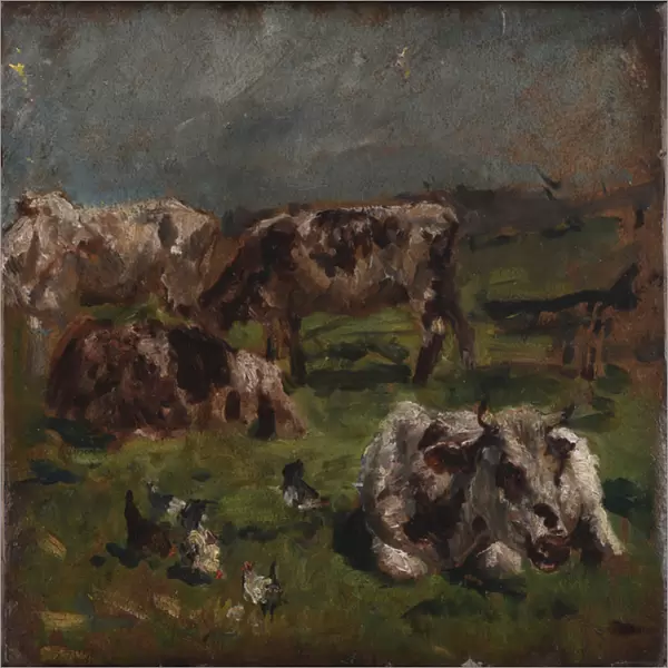 Cows and chilckens, c. 1880 (oil on canvas)