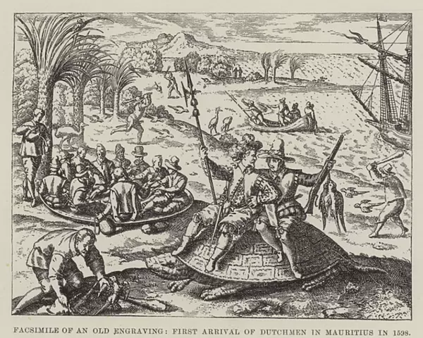 Facsimile of an Old Engraving, First Arrival of Dutchmen in Mauritius in 1598 (engraving)