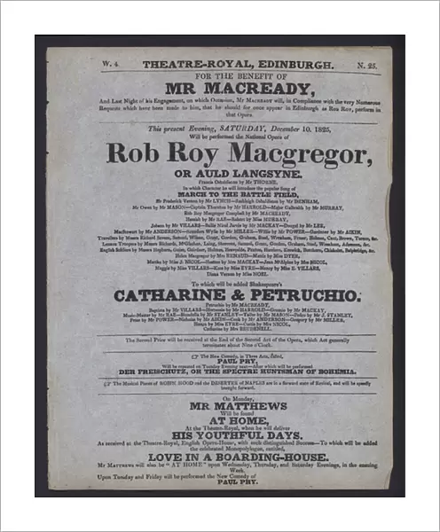 Theatre programme for the Theatre Royal, Edinburgh, 10 December 1825 (litho)
