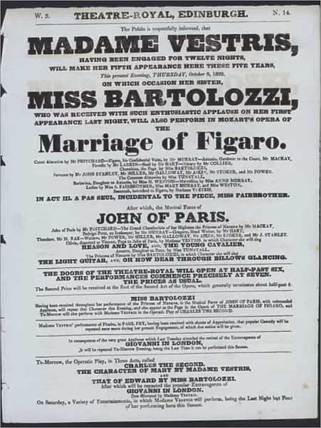 Theatre programme for the Theatre Royal, Edinburgh, 8 October 1829 (litho)
