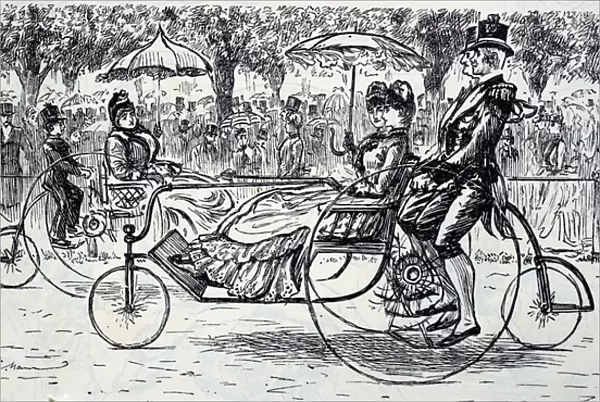 An engraving depicting passengers riding in bicycle carriages