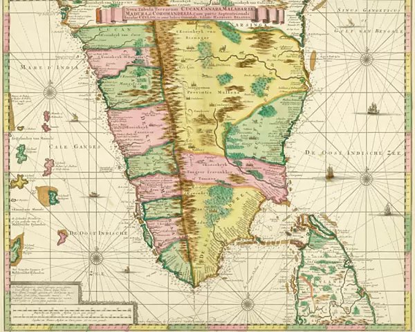 Map of Southern India and Ceylon, after a work made circa 1720 by Dutch cartographer
