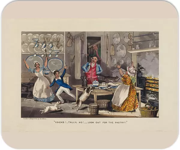 Chaos in the kitchen (coloured engraving)