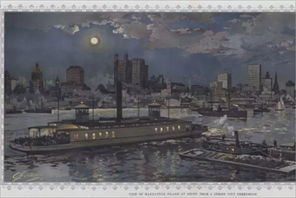 View of Manhattan Island at Night, from a Jersey City Ferryboat (colour litho)