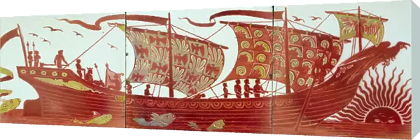 Three tiles depicting a ship sailing at sunset (ceramic)