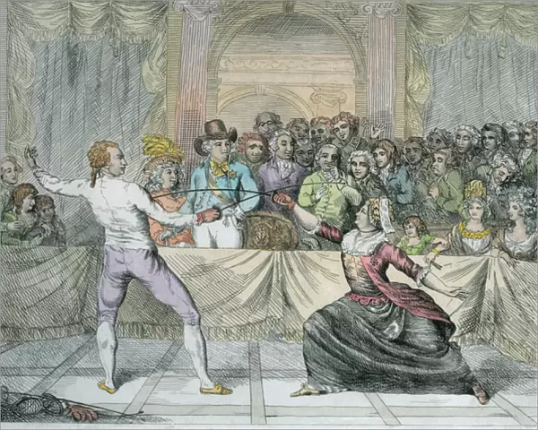 The Chevalier d Eon, dressed as a woman, in a fencing match (engraving
