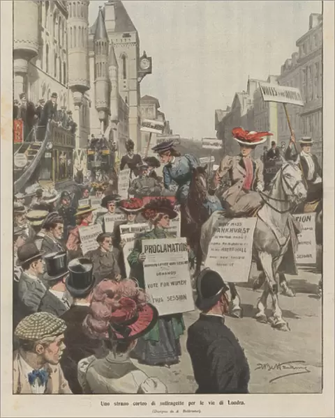 A strange procession of suffragettes through the streets of London (colour litho)