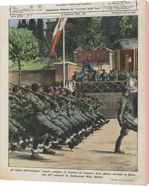 At the rhythm of the energetic Roman step, the Legions of Blackshirts parade in front of the Duce... (colour litho)