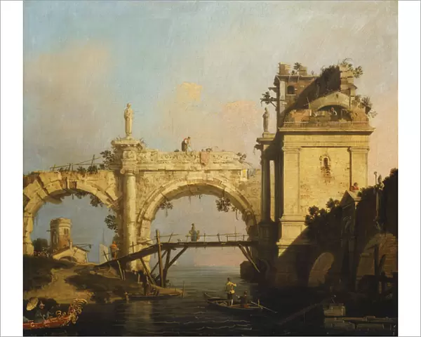 A Capriccio of a ruined Renaissance Arcade and Pavillion by a Waterway crossed by a