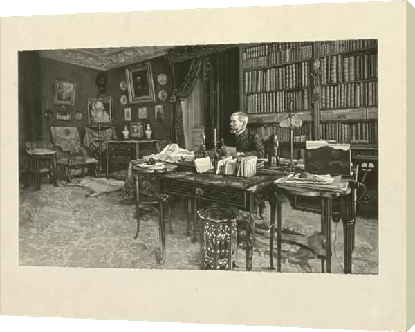 Gaston Tissandier, French balloonist, seated at a desk in his study