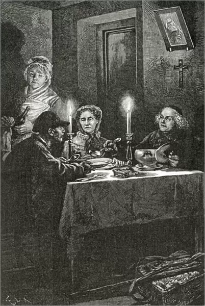 Jean Valjean is received and cared for by Bishop Myriel, 19th Century (b  /  w engraving)