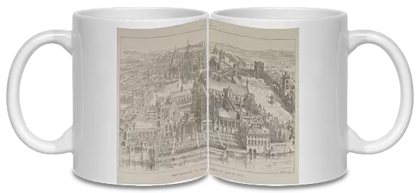 Aerial view of Westminster Abbey and the Palace of Westminster in the time of Henry VIII