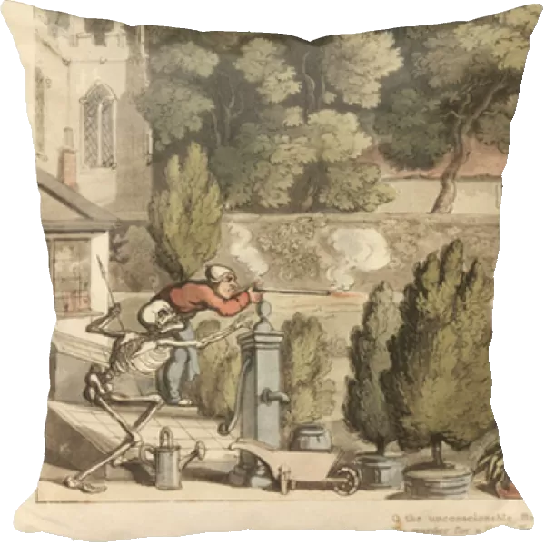 The skeleton of Death helps a landowner take aim with a musket at boys poaching in his garden trying to flee over a wall. Handcoloured copperplate drawn and engraved by Thomas Rowlandson from The English Dance of Death, Ackermann, London, 1816