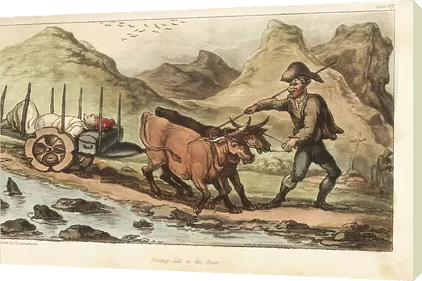 Ensign Johnny Newcome, sick with dysentery, taken by ox cart to Salamanca, Spain. Handcoloured copperplate engraving drawn and etched by Thomas Rowlandson from Colonel David Roberts The Military Adventures of Johnny Newcome, Martin, London
