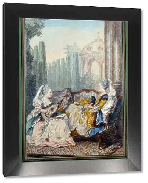 Two young girls doing Watercolour music by Louis carrogis dit Carmontelle (1717-1806