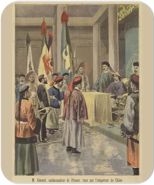 Auguste Gerard, the French ambassador to China, received by the Emperor (colour litho)