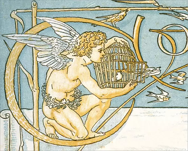 Angel offering a wicker cage with an open door allowing the song birds to escape